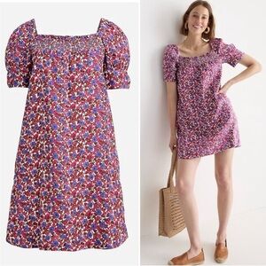 J Crew Floral Smocked Square Neck Linen Mini Dress Blue Pink 8